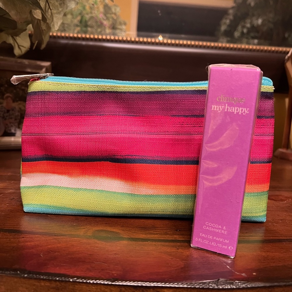 Clinique My Happy spray fragrance.  Clinique cosmetic bag.